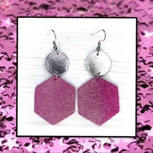 Pink Dazzle Shimmer Hexagon Leather Earrings